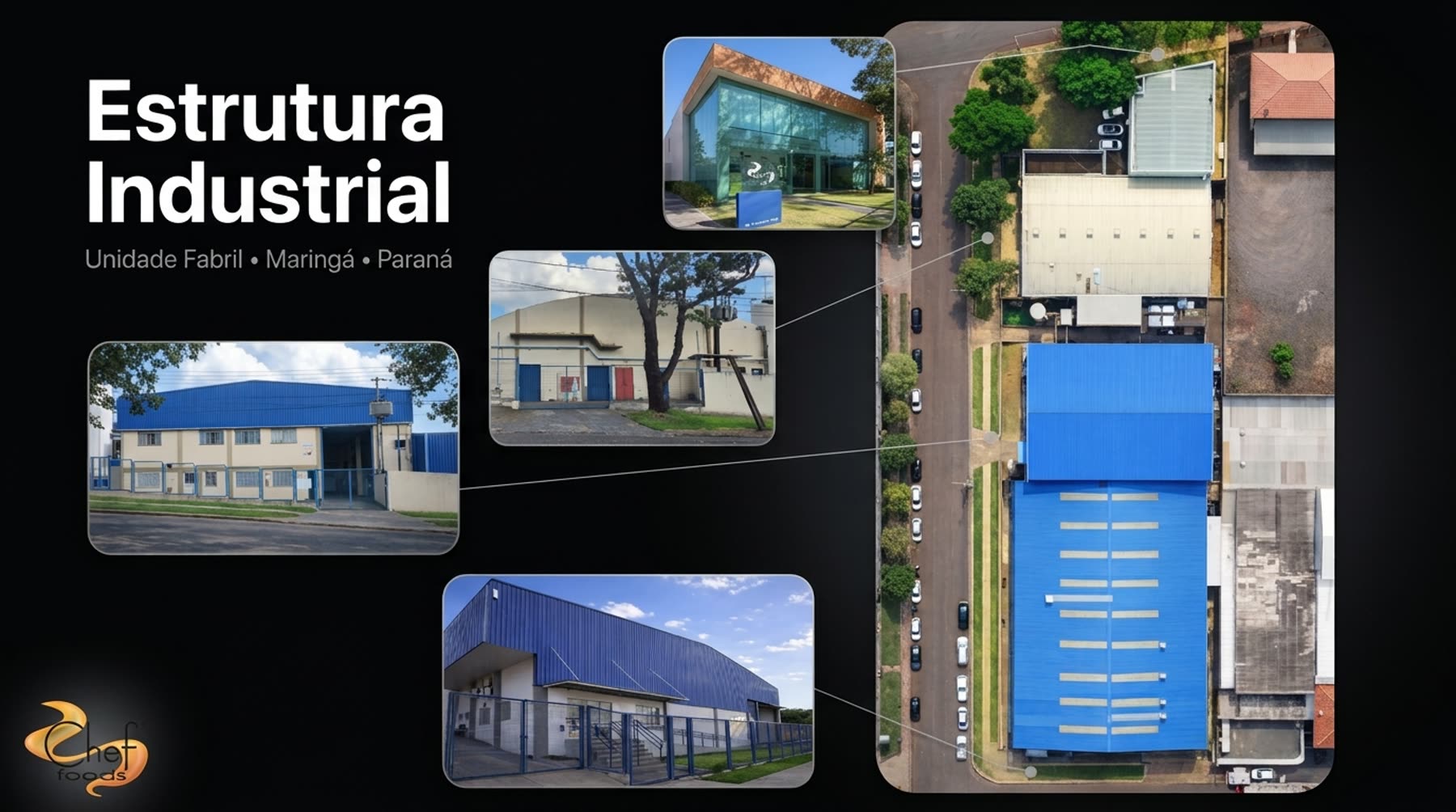 Estrutura industrial da Chef Foods, unidade fabril em Maringá, Paraná: vista aérea e prédios da planta
