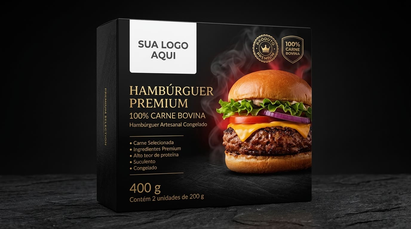 Embalagem de hambúrguer premium com espaço para a sua marca, marca própria Chef Foods