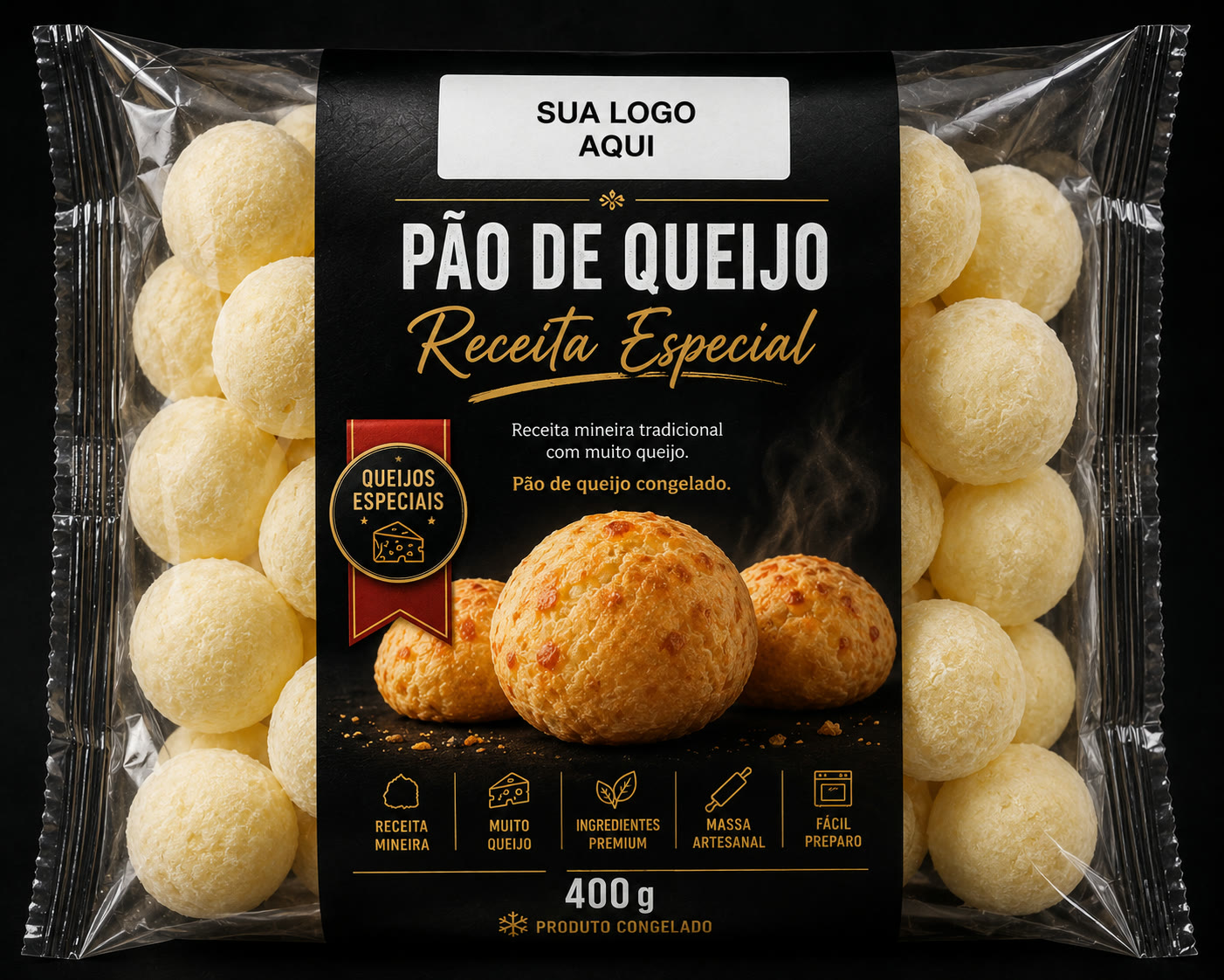 Embalagem de pão de queijo com espaço para a sua marca, marca própria Chef Foods