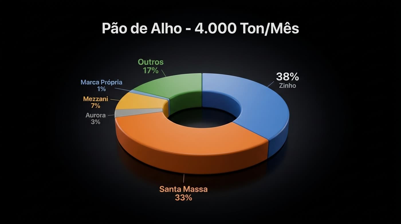 Mercado de pão de alho no Brasil, 4.000 toneladas/mês: Zinho 38%, Santa Massa 33%, outros 17%