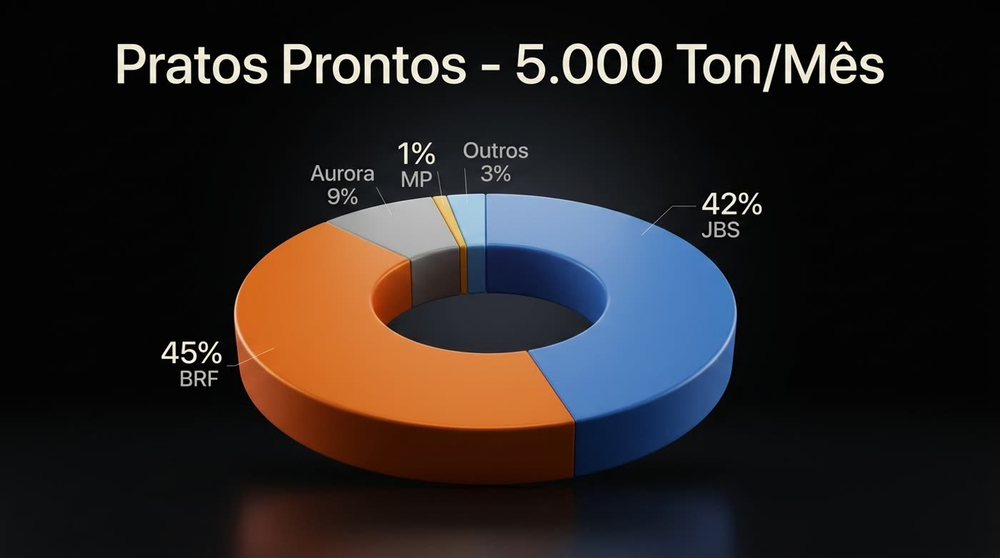 Mercado de pratos prontos no Brasil, 5.000 toneladas/mês: BRF 45%, JBS 42%, Aurora 9%
